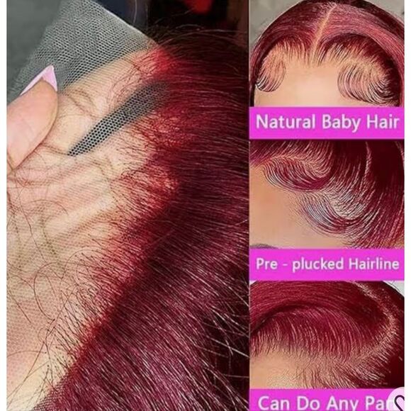 99j Burgundy Lace Front Wig Human Hair 22 inch 13x4 Body Wave Frontal Pre Plucke - Picture 3 of 11